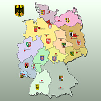 Deutschlandkarte mit Bundeslndern, Landeshauptstadt und Wappen